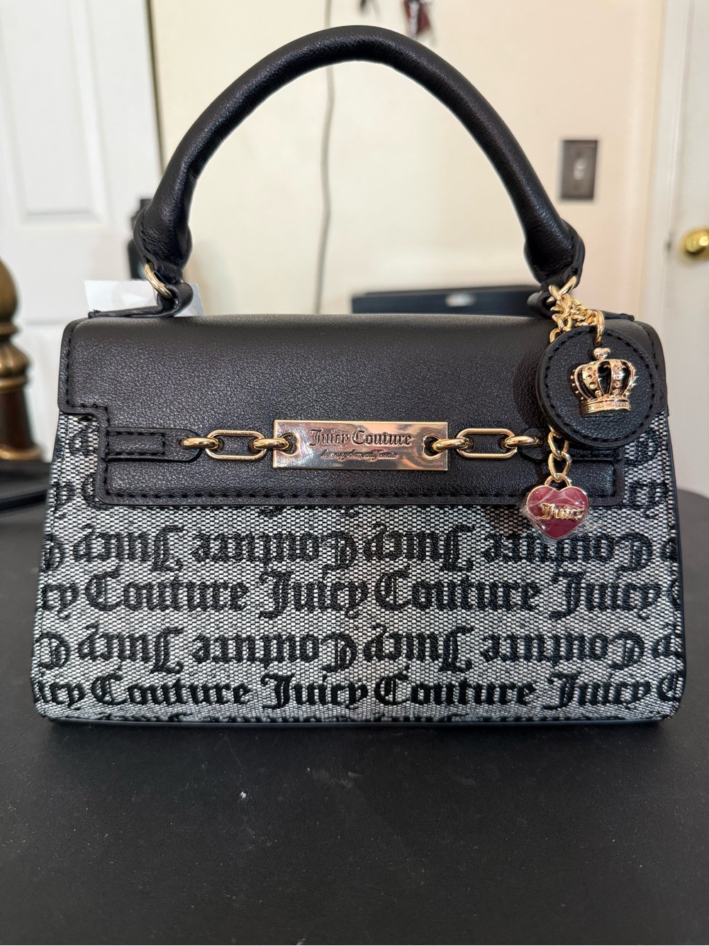 Juicy Couture Y2K Black & Gray Logo Print Flap Crossbody Handbag W/Gold Accents